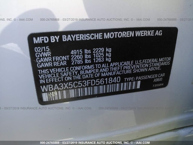 WBA3X5C53FD561840 - 2015 BMW 328 XIGT WHITE photo 9
