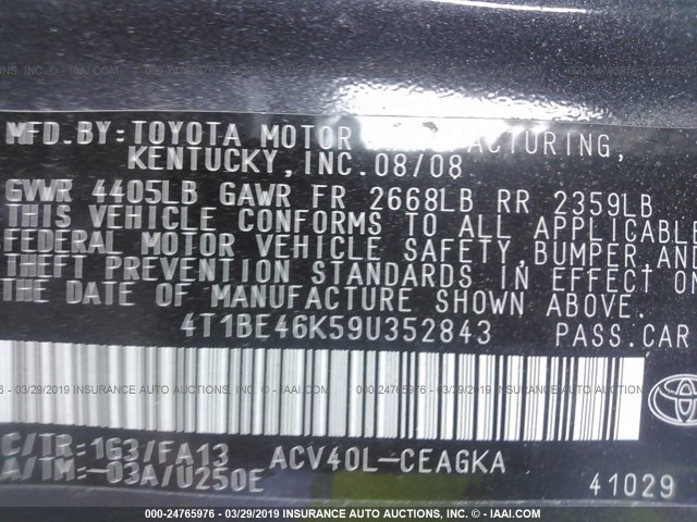 4T1BE46K59U352843 - 2009 TOYOTA CAMRY SE/LE/XLE GRAY photo 9