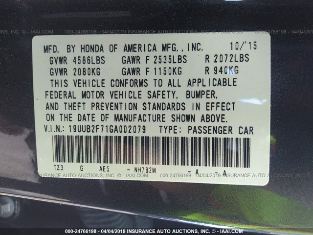 19UUB2F71GA002079 - 2016 ACURA TLX ADVANCE GRAY photo 9