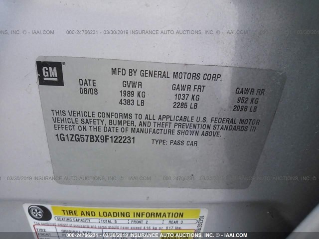 1G1ZG57BX9F122231 - 2009 CHEVROLET MALIBU LS SILVER photo 9