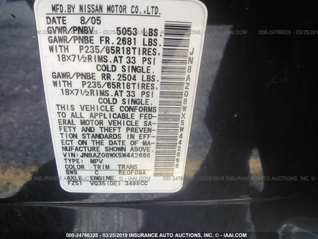 JN8AZ08WX5W442666 - 2005 NISSAN MURANO SL/SE/S BLUE photo 9