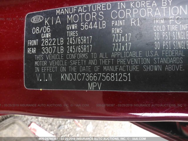 KNDJC736675681251 - 2007 KIA SORENTO EX/LX RED photo 9