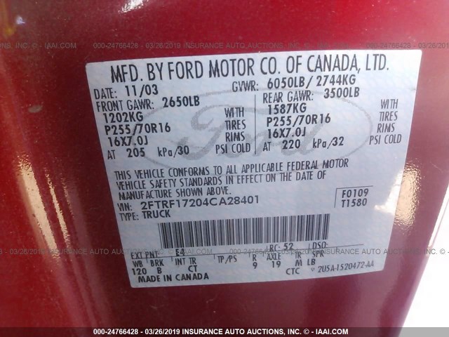 2FTRF17204CA28401 - 2004 FORD F-150 HERITAGE CLASSIC RED photo 9