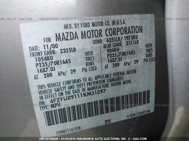 4F2YU09111KM31097 - 2001 MAZDA TRIBUTE LX/ES თაფლისფერი ფოტო 9