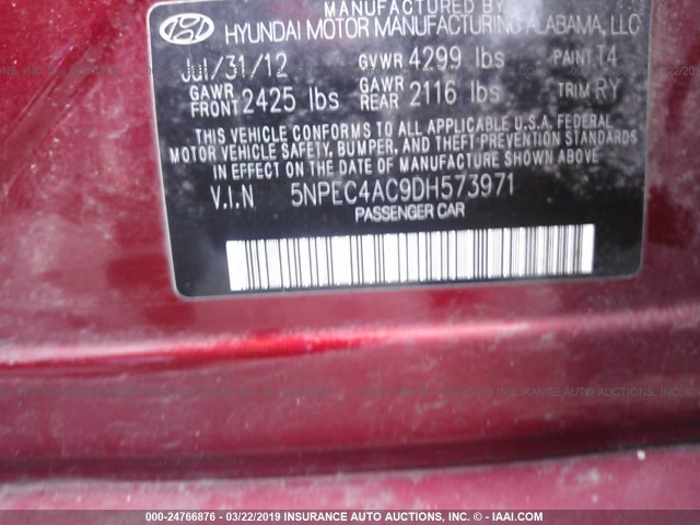 5NPEC4AC9DH573971 - 2013 HYUNDAI SONATA SE/LIMITED RED photo 9