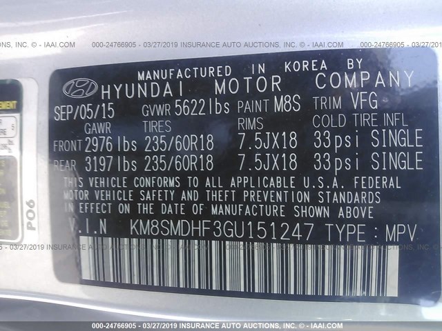 KM8SMDHF3GU151247 - 2016 HYUNDAI SANTA FE SE GRAY photo 9