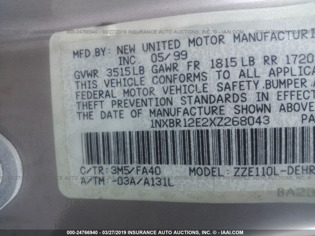 1NXBR12E2XZ268043 - 1999 TOYOTA COROLLA VE/CE/LE 香槟色 照片 9