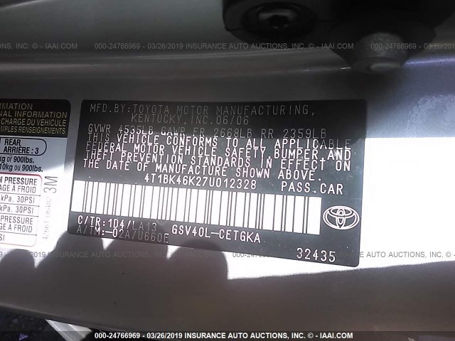 4T1BK46K27U012328 - 2007 TOYOTA CAMRY NEW GENERAT LE/XLE/SE SILVER photo 9