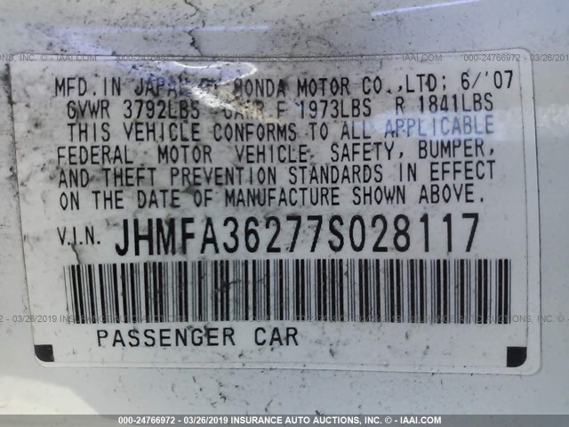 JHMFA36277S028117 - 2007 HONDA CIVIC HYBRID WHITE photo 9