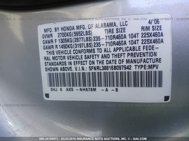 5FNRL38816B097942 - 2006 HONDA ODYSSEY TOURING SILVER photo 9