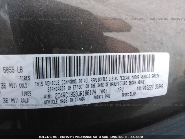 2C4RC1BG9JR186174 - 2018 CHRYSLER PACIFICA TOURING L Մոխրագույն լուսանկար 9