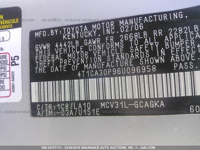 4T1CA30P96U096958 - 2006 TOYOTA CAMRY SOLARA SE/SLE SILVER photo 9