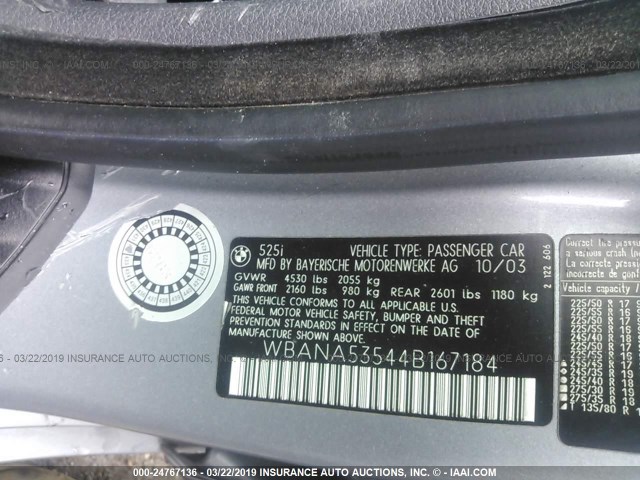 WBANA53544B167184 - 2004 BMW 525 I SILVER photo 9