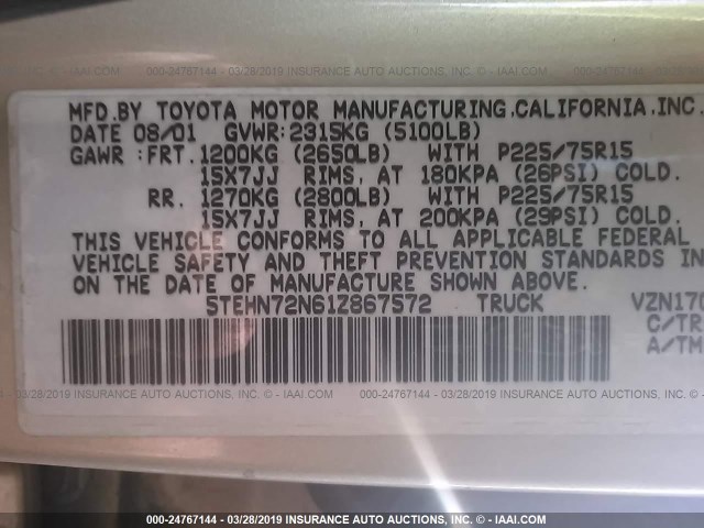 5TEHN72N61Z867572 - 2001 TOYOTA TACOMA DOUBLE CAB 金色 照片 9