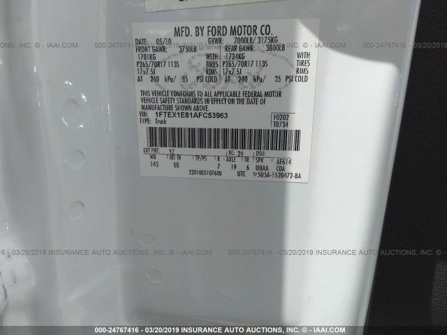 1FTEX1E81AFC53963 - 2010 FORD F150 SUPER CAB WHITE photo 9