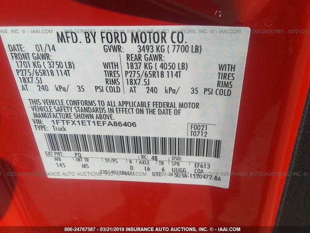 1FTFX1ET1EFA86406 - 2014 FORD F150 SUPER CAB RED photo 9