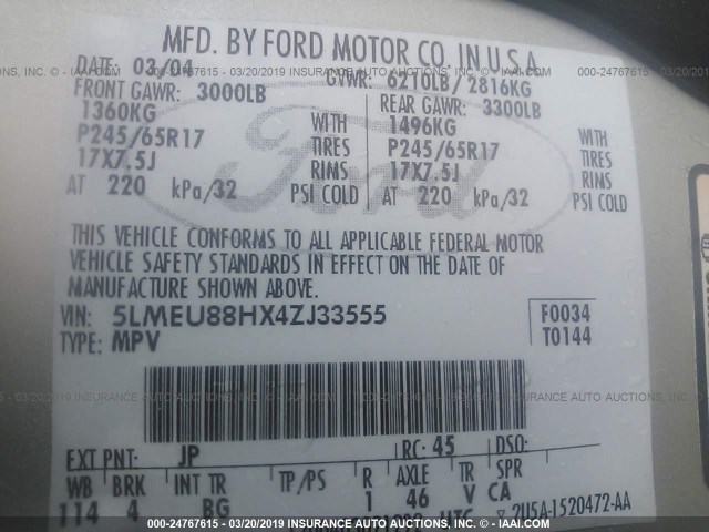 5LMEU88HX4ZJ33555 - 2004 LINCOLN AVIATOR 银色 照片 9