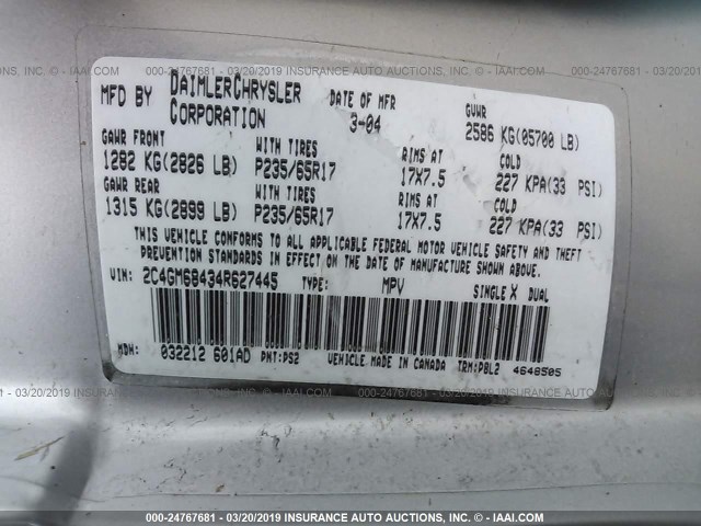 2C4GM68434R627445 - 2004 CHRYSLER PACIFICA SILVER photo 9