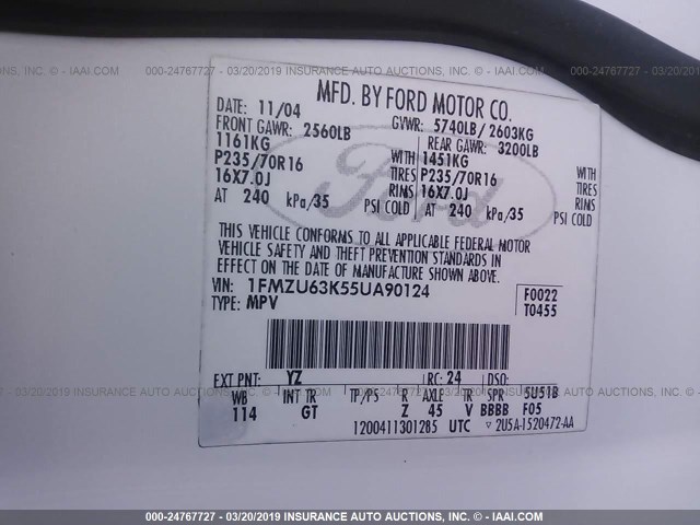 1FMZU63K55UA90124 - 2005 FORD EXPLORER XLT/XLT SPORT/NBX Ağ foto 9