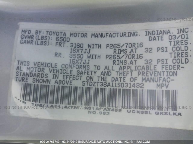 5TDZT38A11S031432 - 2001 TOYOTA SEQUOIA LIMITED GRAY photo 9