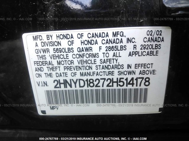 2HNYD18272H514178 - 2002 ACURA MDX BLACK photo 9