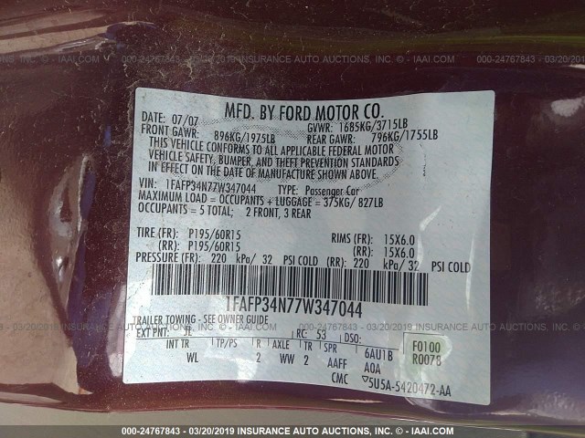 1FAFP34N77W347044 - 2007 FORD FOCUS ZX4/S/SE/SES 栗色 照片 9