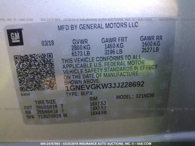 1GNEVGKW3JJ228692 - 2018 CHEVROLET TRAVERSE LT SILVER photo 9