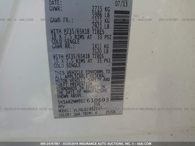 5N1AR2MM9EC610693 - 2014 NISSAN PATHFINDER S/SV/SL/PLATINUM WHITE photo 9