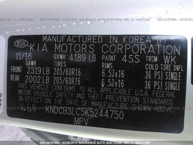 KNDCB3LC5K5244750 - 2019 KIA NIRO FE/LX SILVER photo 9