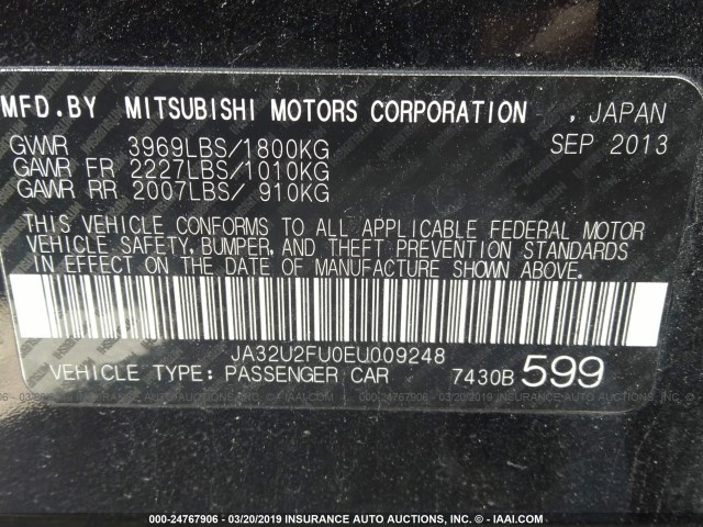 JA32U2FU0EU009248 - 2014 MITSUBISHI LANCER ES/ES SPORT BLACK photo 9