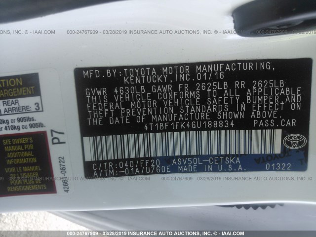 4T1BF1FK4GU188834 - 2016 TOYOTA CAMRY LE/XLE/SE/XSE WHITE photo 9