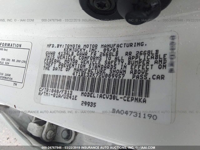 4T1BE32K72U009957 - 2002 TOYOTA CAMRY LE/XLE/SE WHITE photo 9