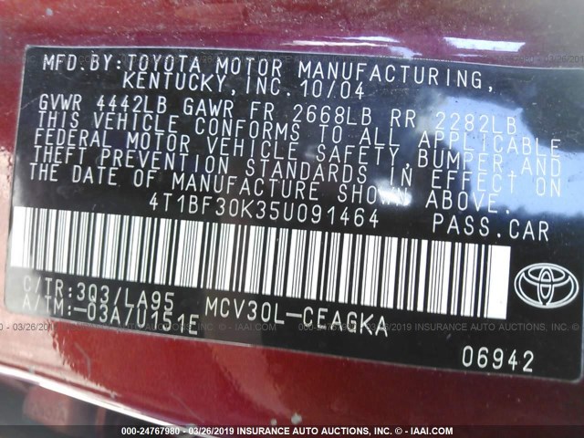 4T1BF30K35U091464 - 2005 TOYOTA CAMRY LE/XLE/SE MAROON photo 9