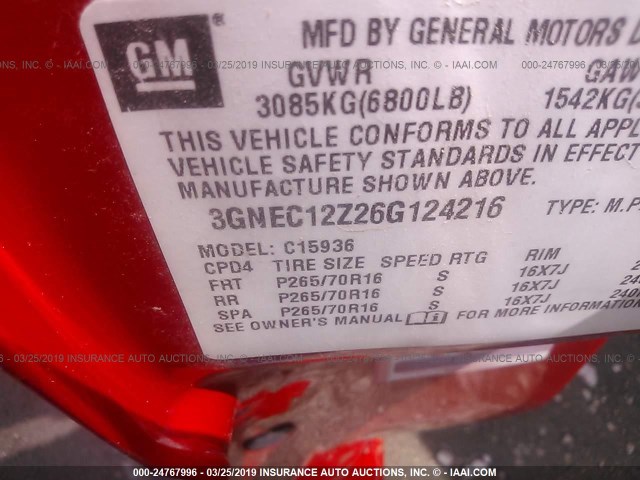 3GNEC12Z26G124216 - 2006 CHEVROLET AVALANCHE C1500 RED photo 9