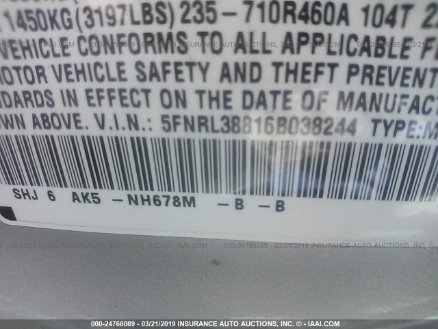 5FNRL38816B038244 - 2006 HONDA ODYSSEY TOURING SILVER photo 9