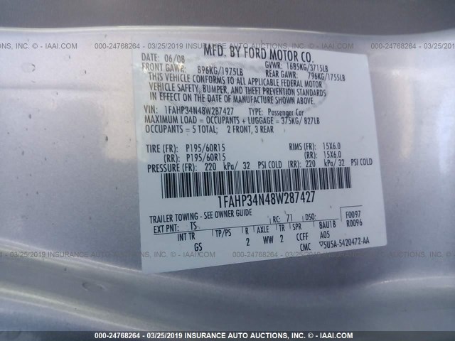 1FAHP34N48W287427 - 2008 FORD FOCUS S/SE SILVER photo 9