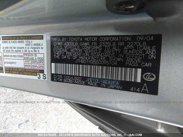 JTHBD192550095104 - 2005 LEXUS IS 300 SILVER photo 9