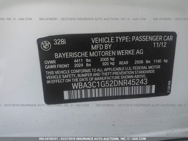 WBA3C1G52DNR45243 - 2013 BMW 328 I SULEV WHITE photo 9