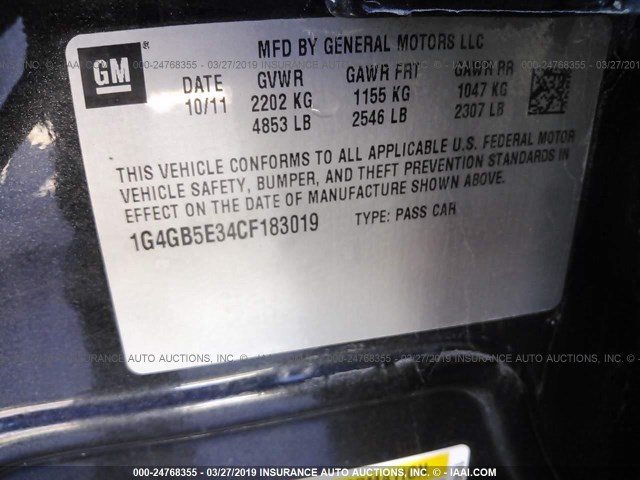 1G4GB5E34CF183019 - 2012 BUICK LACROSSE CONVENIENCE 黑色 照片 9
