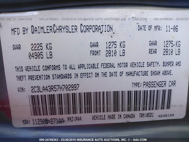 2C3LA43R57H702997 - 2007 CHRYSLER 300 GRAY photo 9