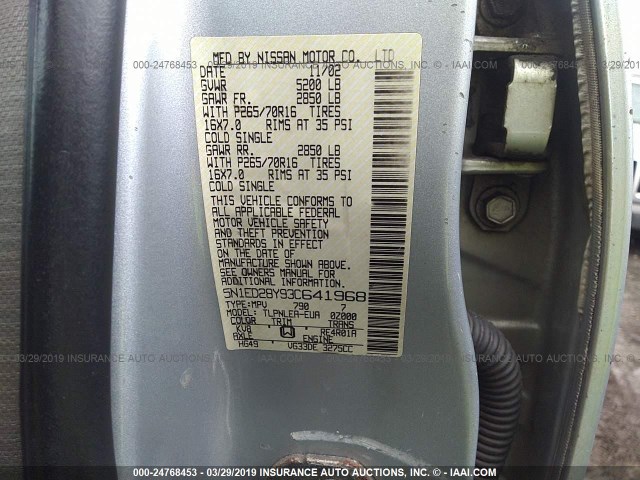 5N1ED28Y93C641968 - 2003 NISSAN XTERRA XE/SE SILVER photo 9