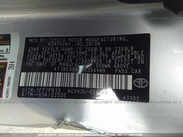 4T1BE46K19U354489 - 2009 TOYOTA CAMRY SE/LE/XLE SILVER photo 9