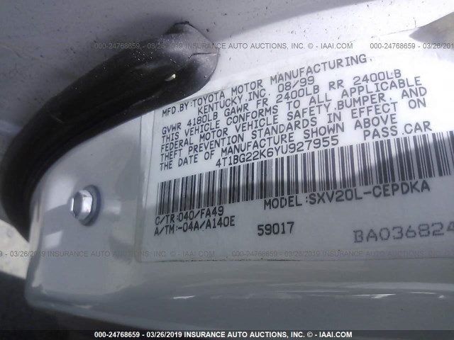 4T1BG22K6YU927955 - 2000 TOYOTA CAMRY CE/LE/XLE 白色 照片 9