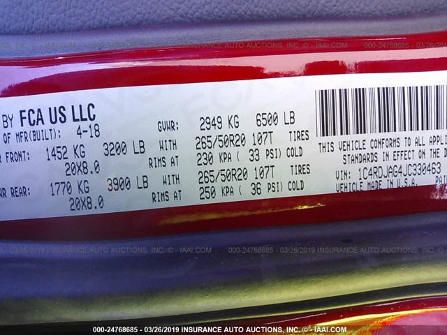 1C4RDJAG4JC330463 - 2018 DODGE DURANGO SXT RED photo 9