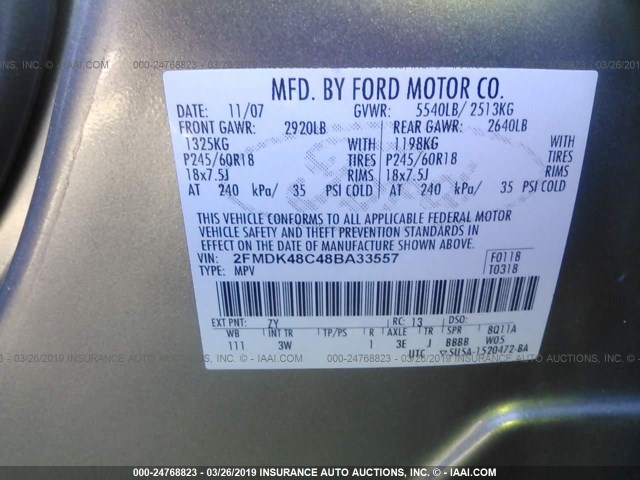 2FMDK48C48BA33557 - 2008 FORD EDGE SEL SILVER photo 9