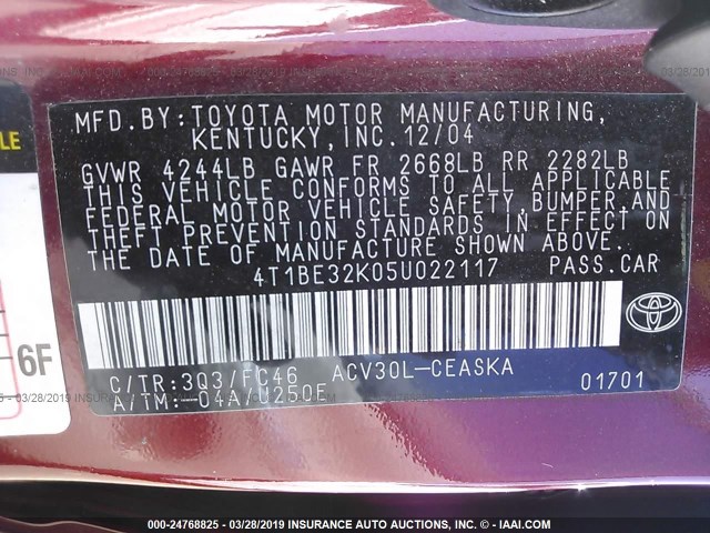 4T1BE32K05U022117 - 2005 TOYOTA CAMRY LE/XLE/SE RED photo 9