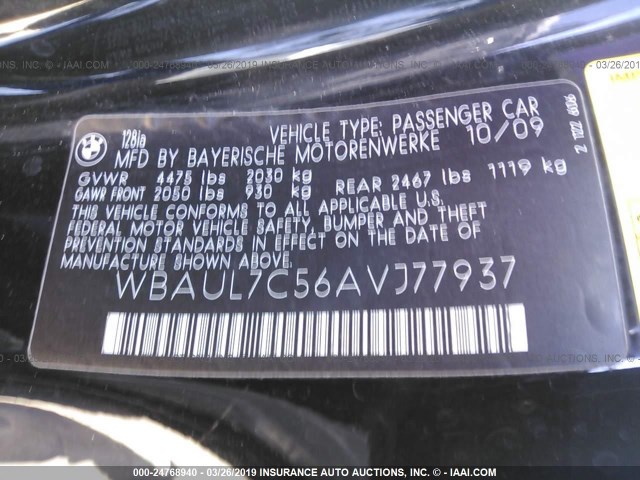 WBAUL7C56AVJ77937 - 2010 BMW 128 I BLACK photo 9