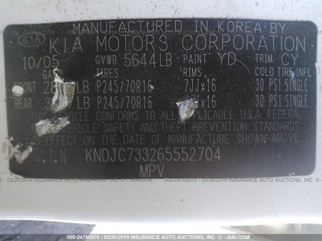 KNDJC733265552704 - 2006 KIA SORENTO EX/LX WHITE photo 9