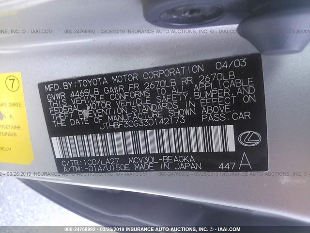 JTHBF30G330142173 - 2003 LEXUS ES 300 SILVER photo 9