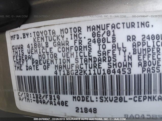 4T1BG22K11U104453 - 2001 TOYOTA CAMRY CE/LE/XLE 金色 照片 9